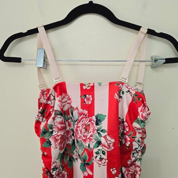 We Are HaH One Piece Swimsuit Red Floral Blood Orange Stripe Ruched Women Size M - Picture 7 of 8